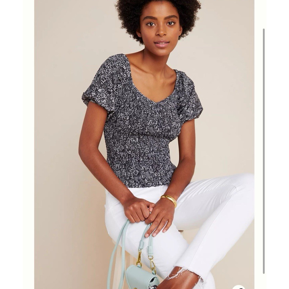 Anthropologie‎ Aurelia Smocked Top Black & White Floral S Puff Sleeve